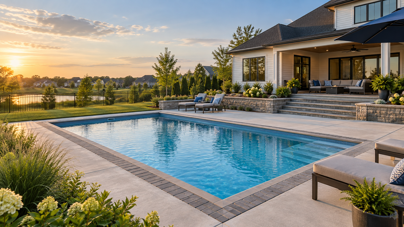 Completed fiberglass pool with concrete deck, paver border and retaining wall